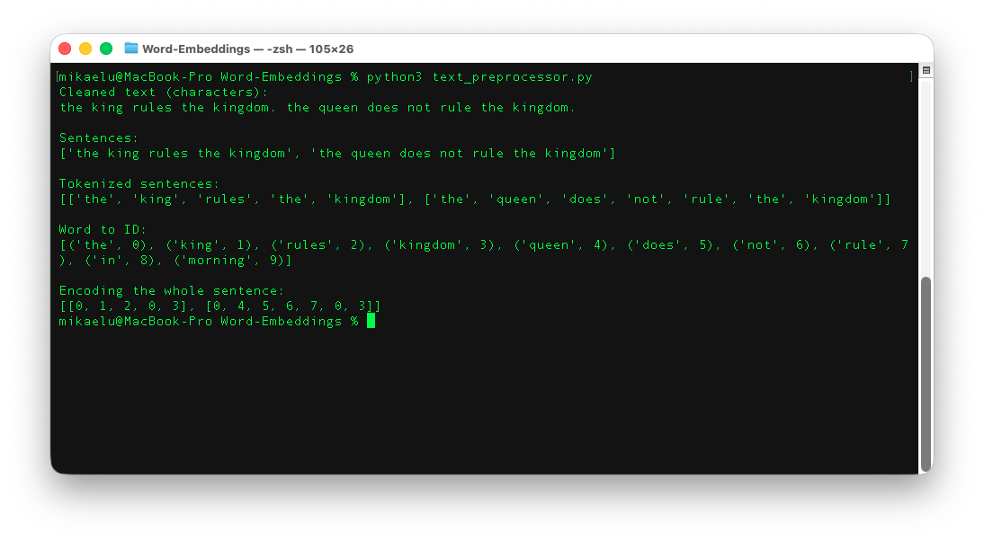 Preprocess of the corpus and vocabulary building output inside the console.